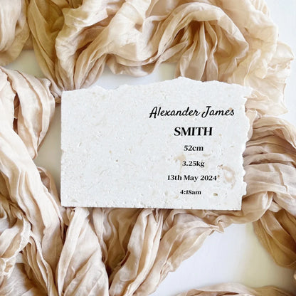 Limestone baby birth details keepsake in landscape style.