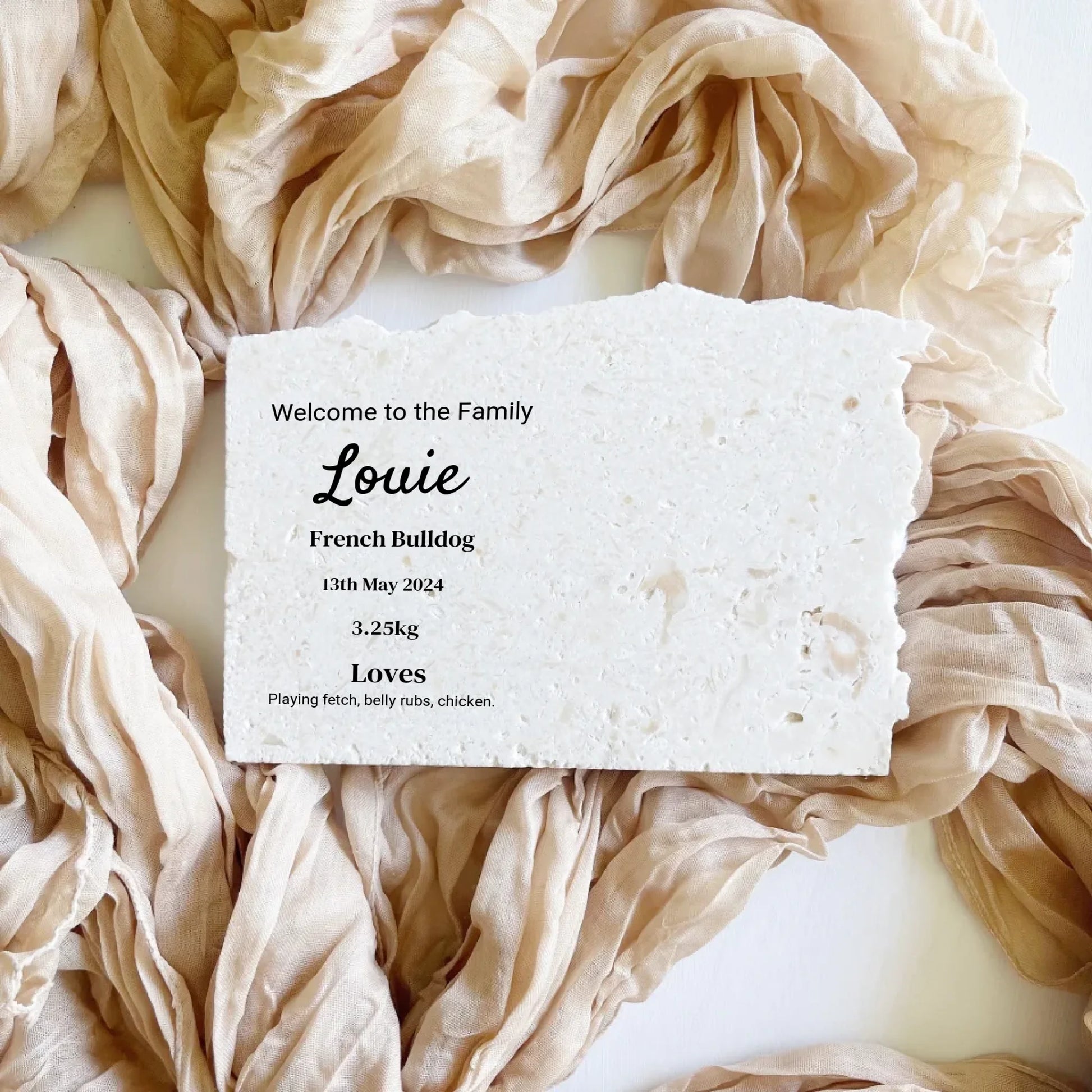 Limestone pet birth details keepsake in landscape style.