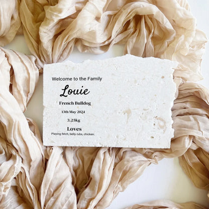 Limestone pet birth details keepsake in landscape style.