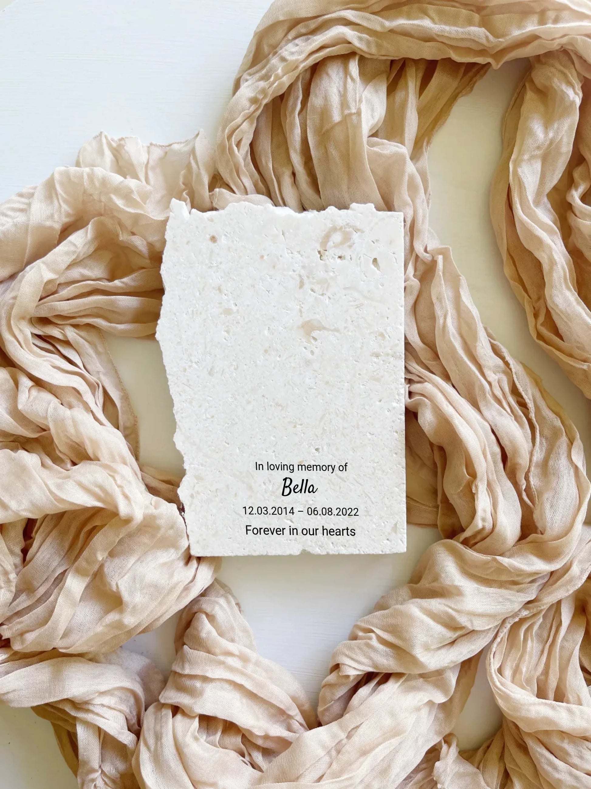 Limestone pet memorial keepsake in portrait style.