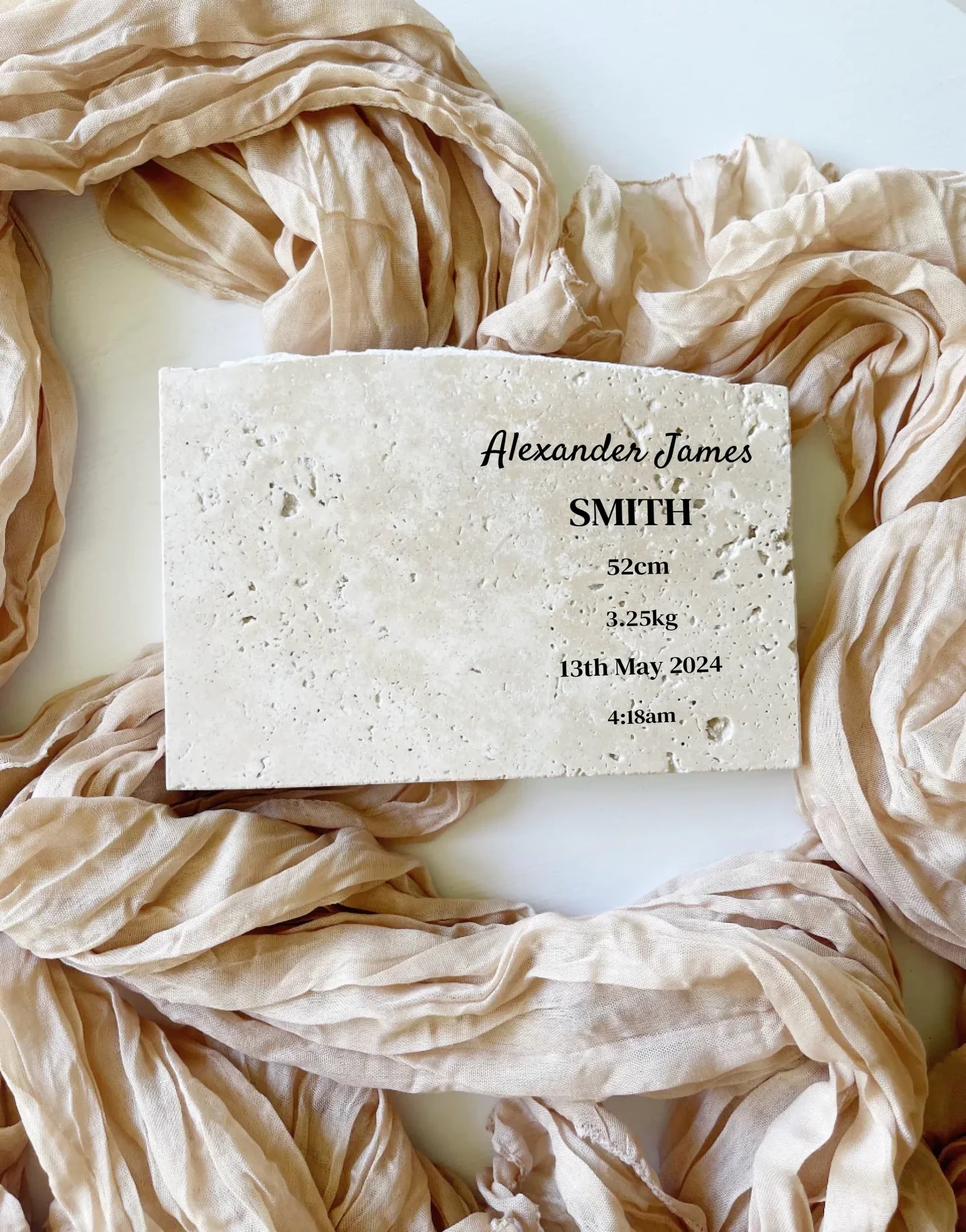 Travertine baby birth details keepsake in landscape style.