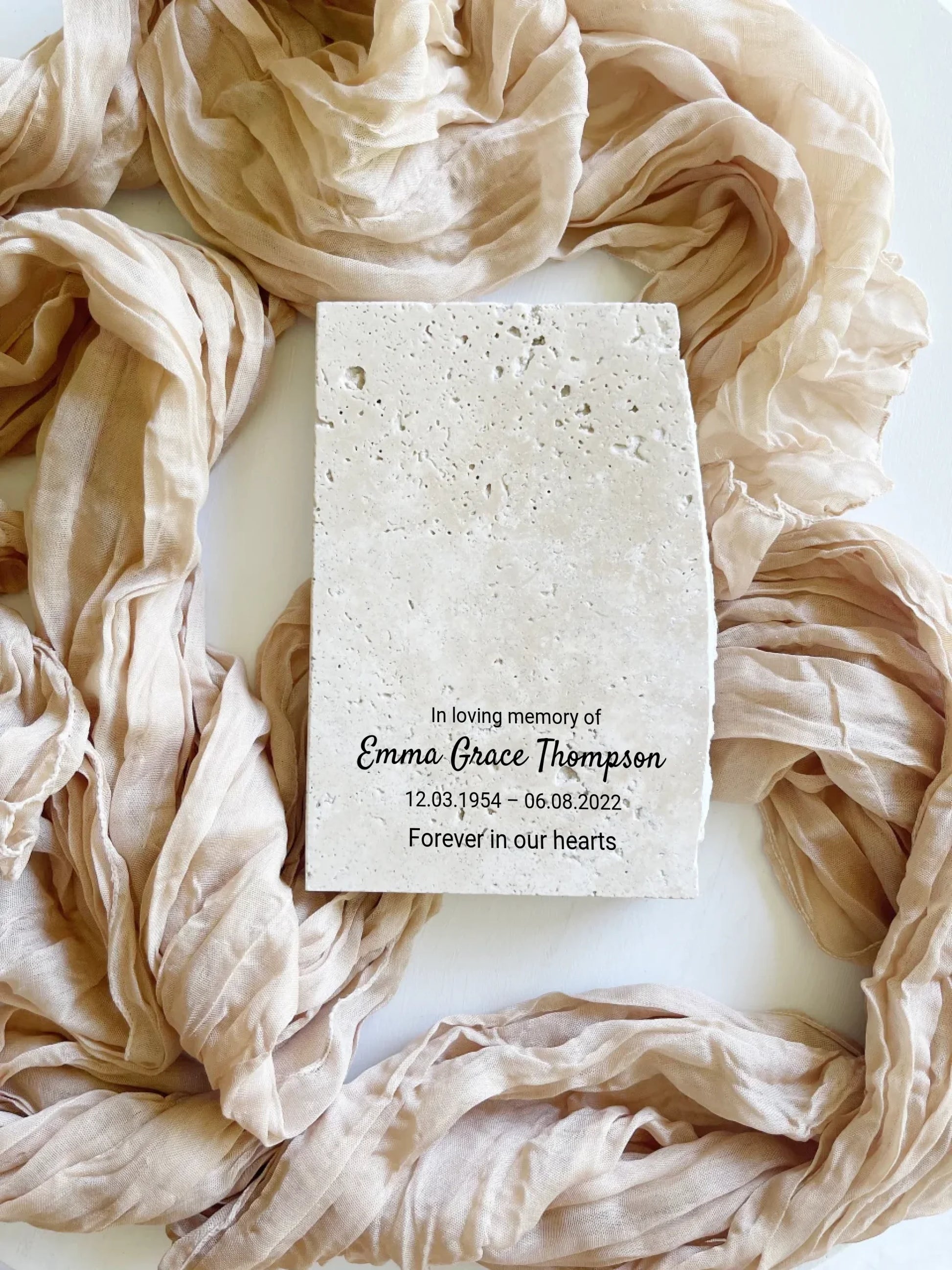 Travertine in loving memory keepsake for loved ones in portrait style.