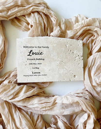 Travertine pet birth details keepsake in landscape style.