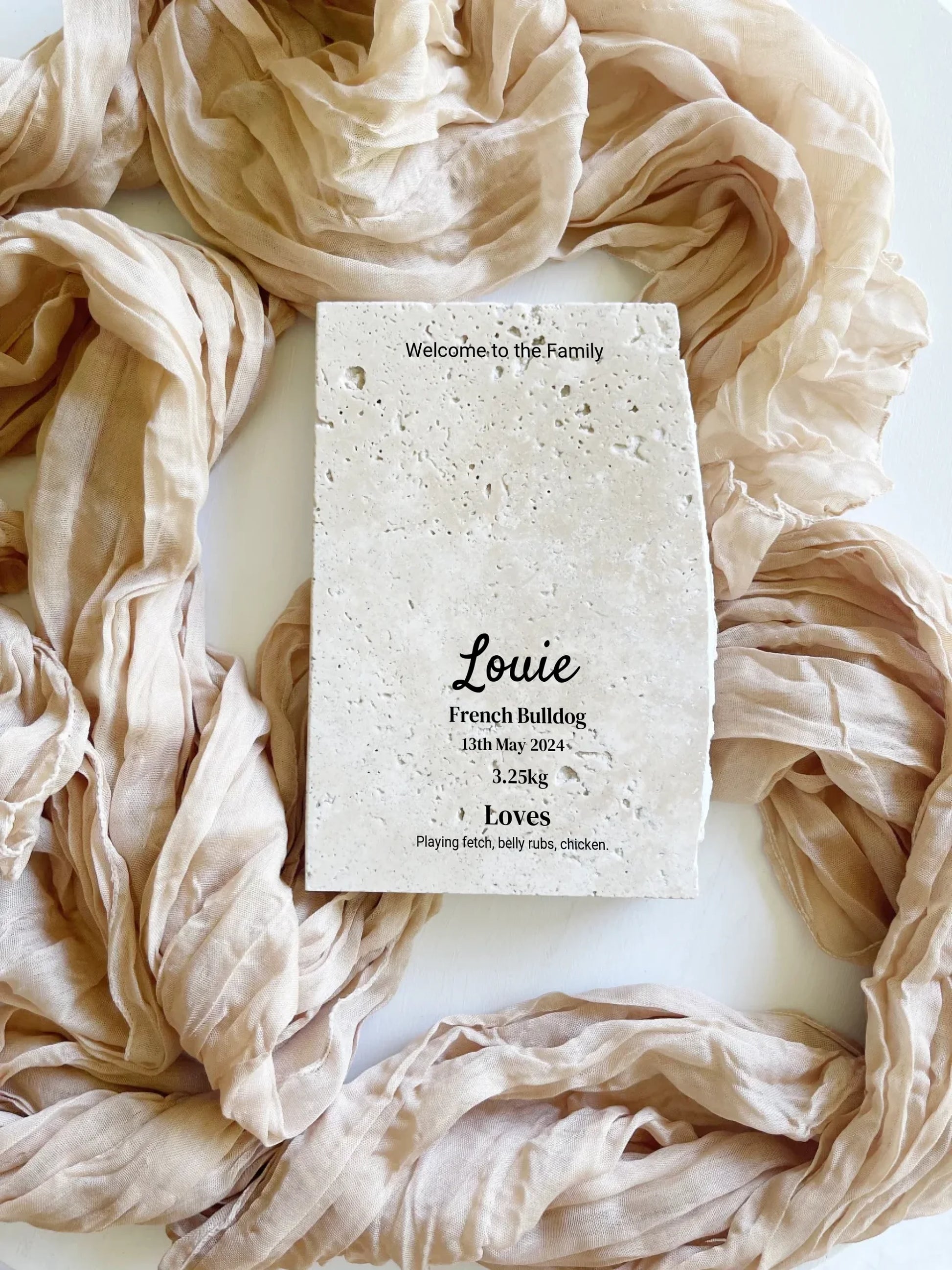 Travertine pet birth details keepsake in portrait style