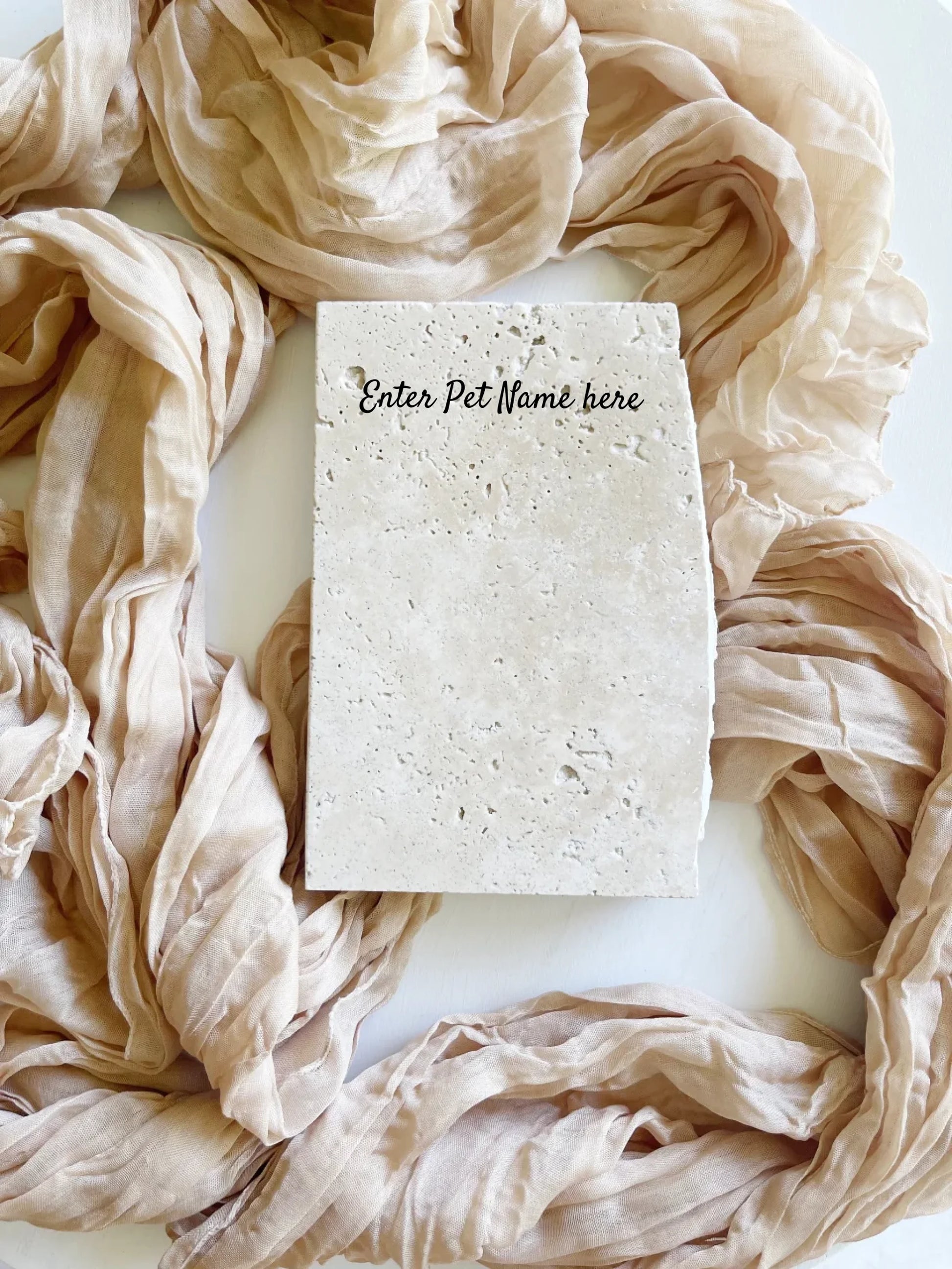 Travertine pet portrait keepsake in portrait style.