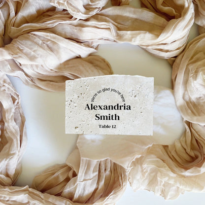 Travertine place cards in landscape style, personalised with name, number, styled for weddings, events.