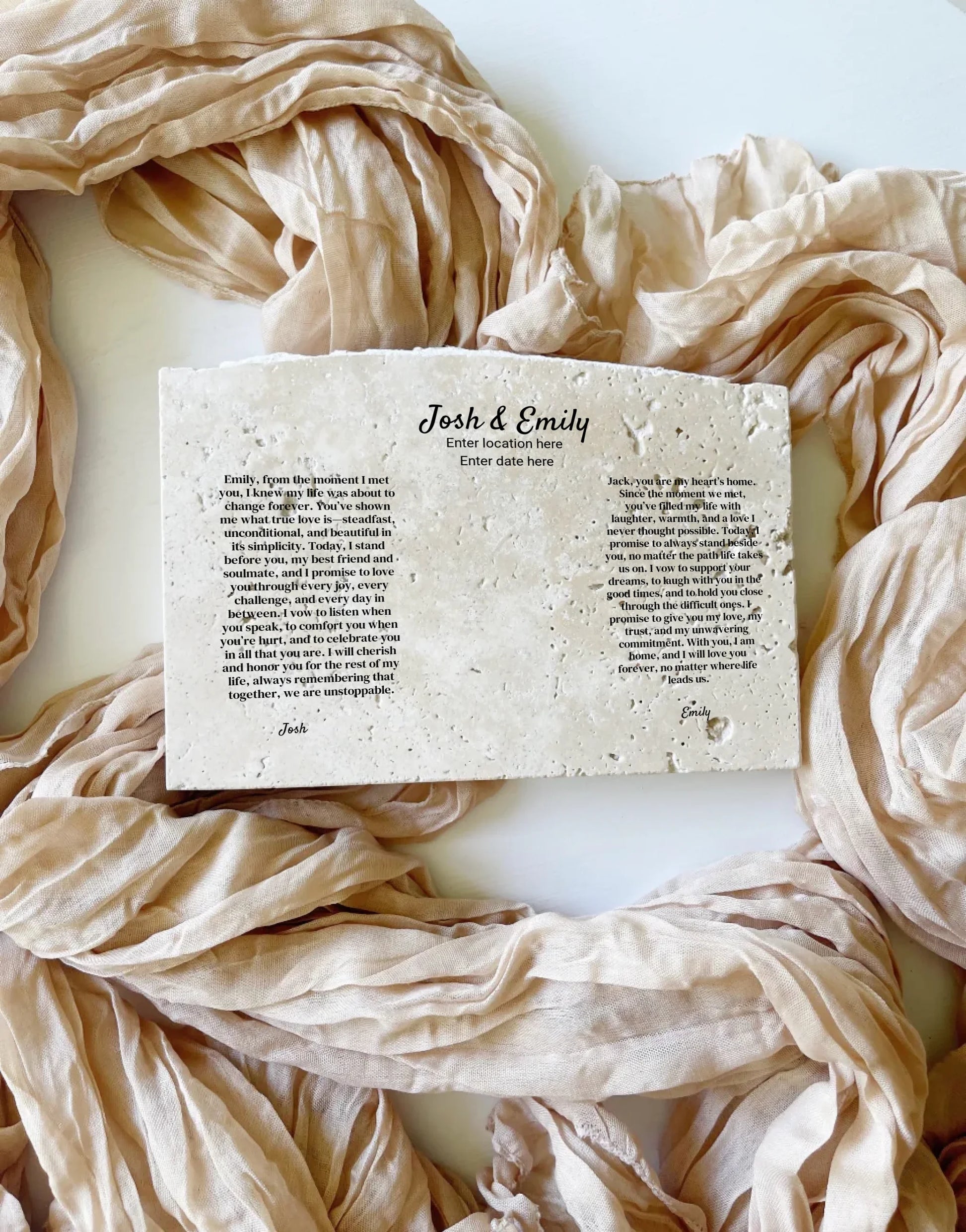 Travertine wedding vow keepsake in landscape style.