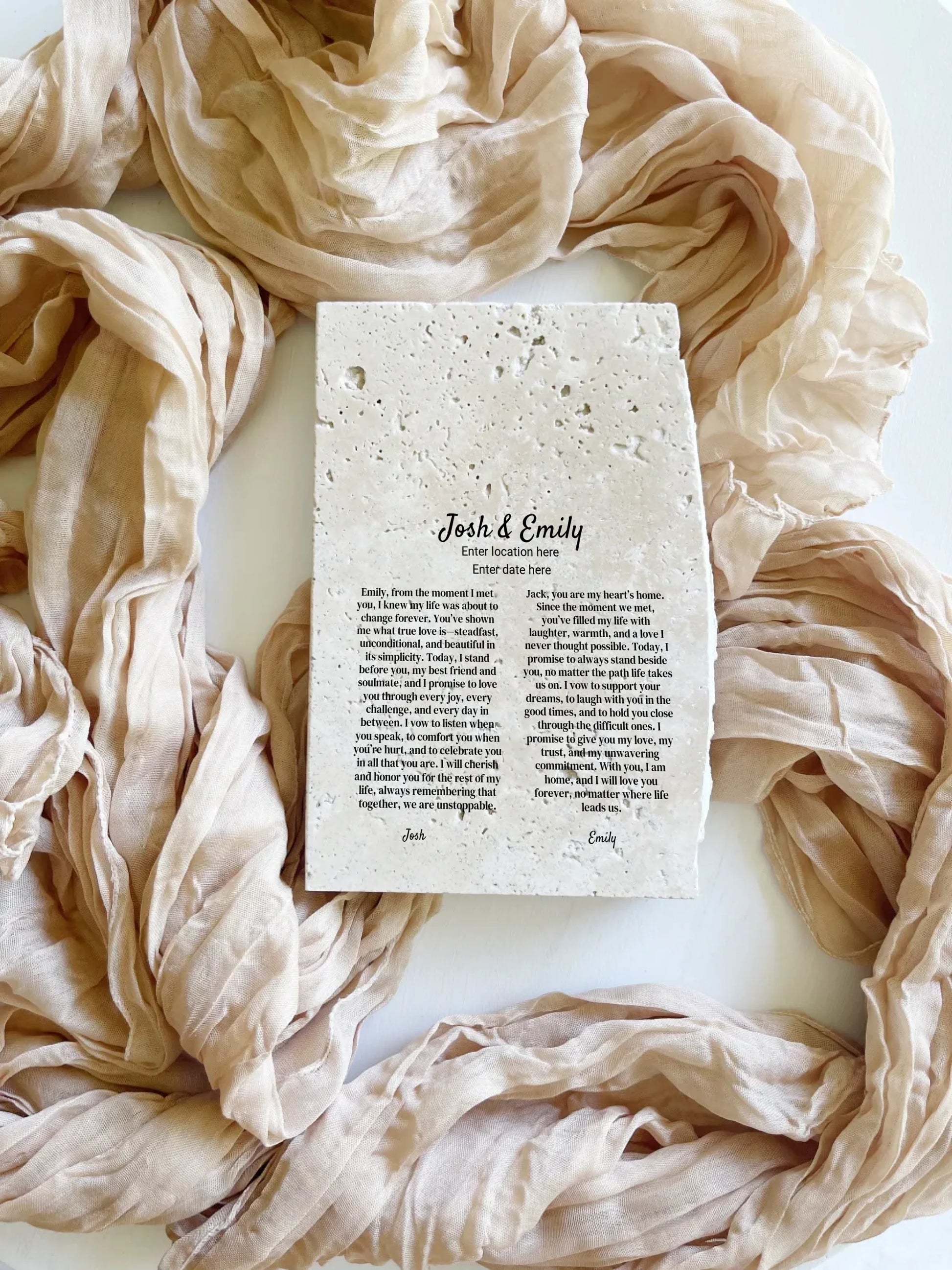 Travertine wedding vow keepsake in portrait style.
