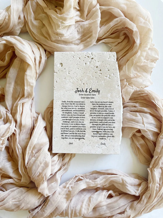 Travertine wedding vow keepsake in portrait style.